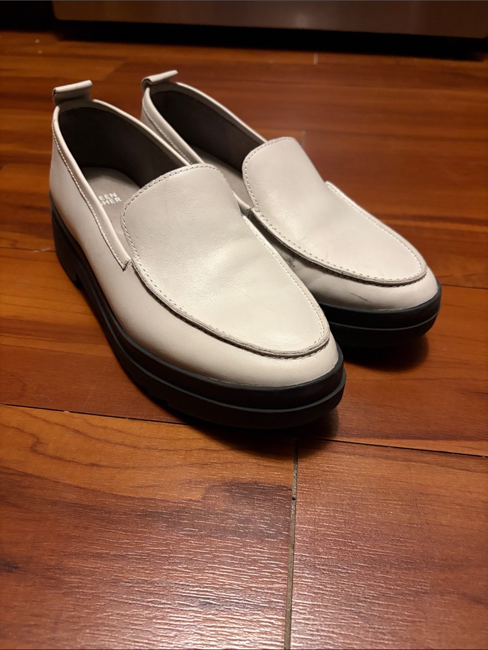 Eileen Fisher White Leather Slip-On Loafers with Black Platform Sz 9